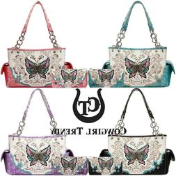 Butterfly Western Style Handbag Concealed Carry Purse Women 