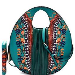 Ethnic Dashiki Print Fringed Round Satchel Handbag and Walle