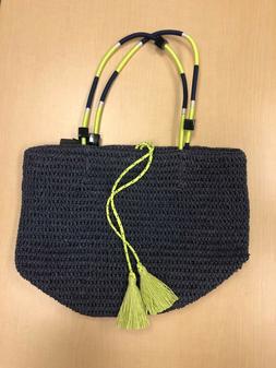 J Crew Tassel straw market tote bag, purse, handbag, navy an