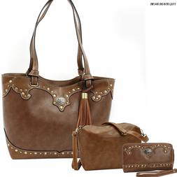 New Large 3 Pc Tan Color Purse/Hipster/Wallet set with Silve