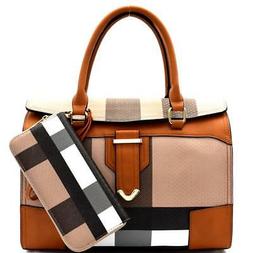 Plaid Print Flap Boston Satchel Handbag and Wallet SET