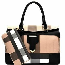 Plaid Print Flap Boston Satchel Purse and Wallet SET