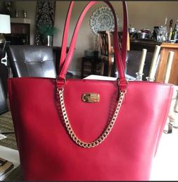 MICHAEL KORS Red Leather Shoulder Tote With Chain Straps Aut