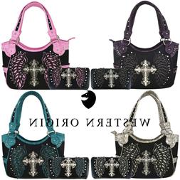 Western Cross Laser Cut Wing Country Handbag Purse Women Sho