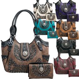 Western Handbag Scroll Rhinestone Concho Buckle Concealed Ca