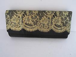 Womans Black Satin Look and Feel Fancy Purse W/Gold Glitter 