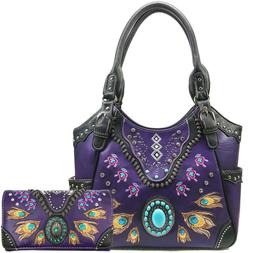 Women's Western Turquoise Feather Concealed Carry Tote Handb