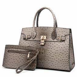 Women Vintage Ostrich Croco Handbag Embossed Satchel w/ Matc