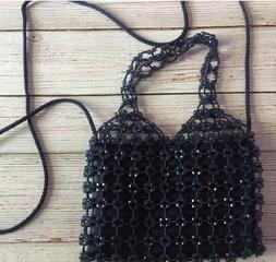 Vintage Y2K 90s Beaded Floral Flower Navy Blue Purse Shoulde